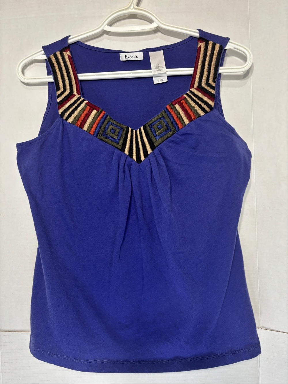 liz & co. Women’s Purple Tank Top with Multicolor Embroidered V-Neck